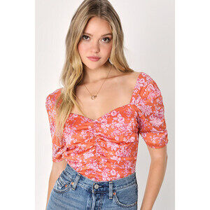 Lulus Aspiring Blooms Orange Satin Floral Ruched Short Sleeve Top - Size M